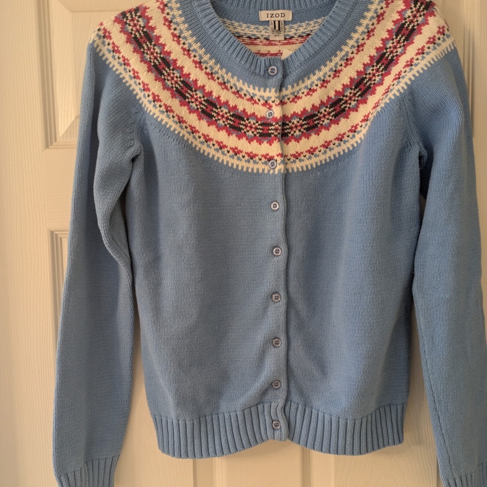 Izod Blue and Red Cardigan Sweater with Fair Isle Pattern